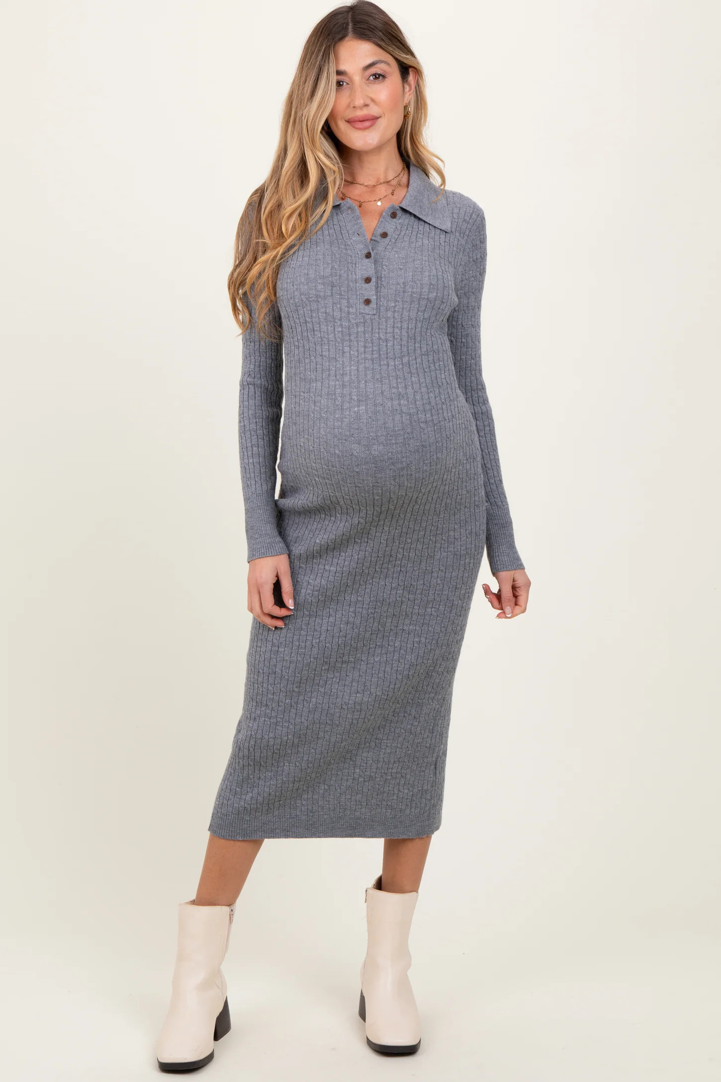 Heather Grey Cable Knit Button Up Maternity Midi Dress | PinkBlush Maternity