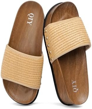 QIY Platform Sandals for Women Studded Slip-on Slides with Wood Grain Design, Comfortable Arch Su... | Amazon (US)