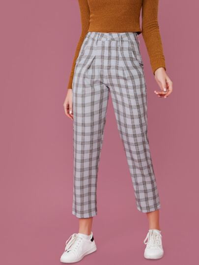 Checked Plaid Straight Leg Trouser Pants | SHEIN