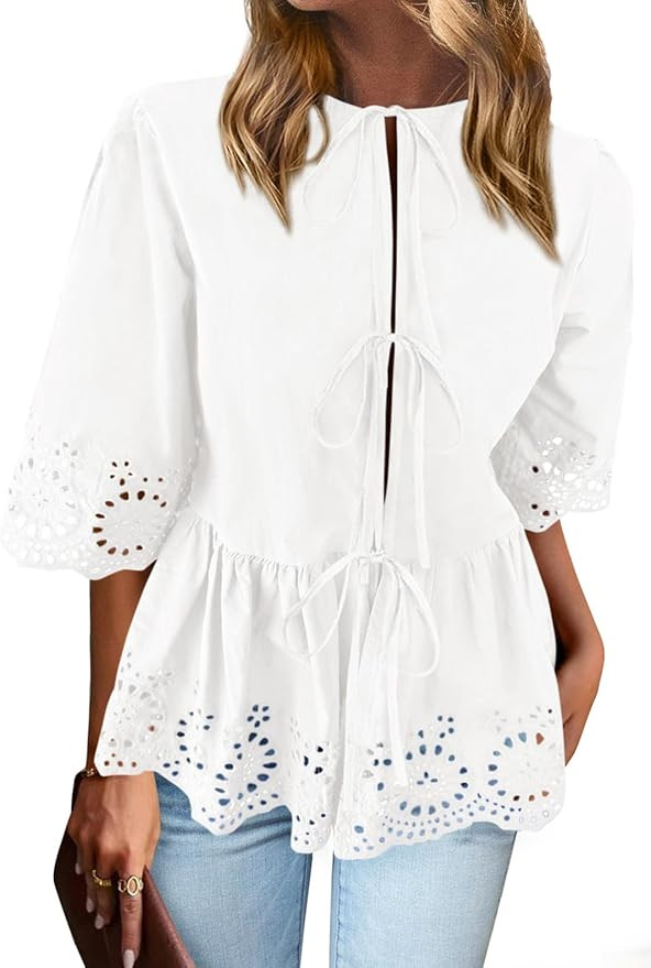 PRETTYGARDEN Tie Front Peplum Tops for Women Summer Y2K Short Sleeve Babydoll Cute Going Out Top ... | Amazon (US)