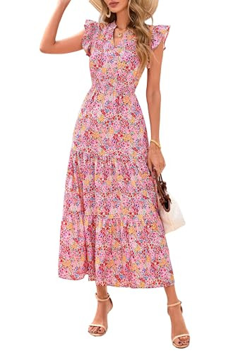 PRETTYGARDEN Women's 2026 Summer Floral Midi Dress Cap Sleeve V Neck Ruffle Long Flowy Boho Casual Beach Vacation Dresses (Floral Wine Red,Small) | Amazon (US)