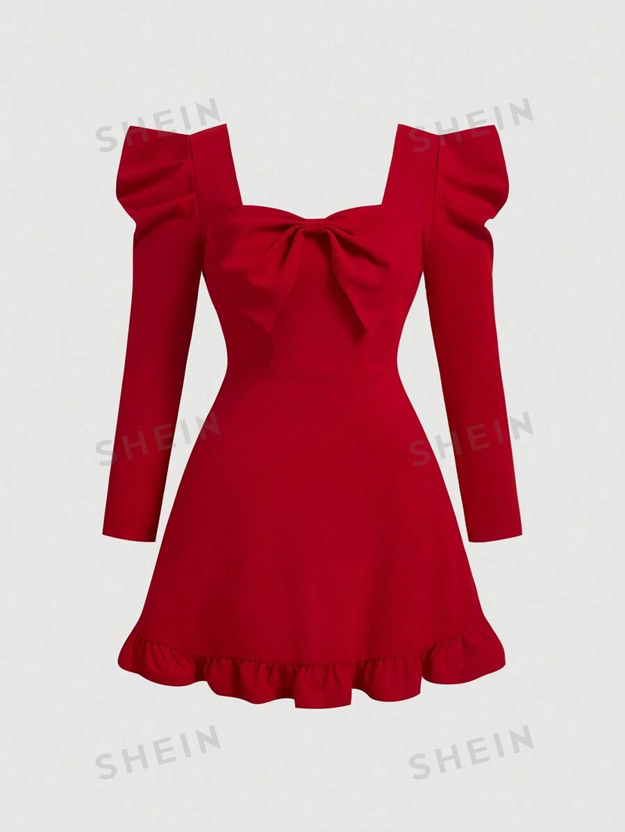 SHEIN MOD Plus Size Bell Sleeve Bow-Tie Red Christmas Dress | SHEIN