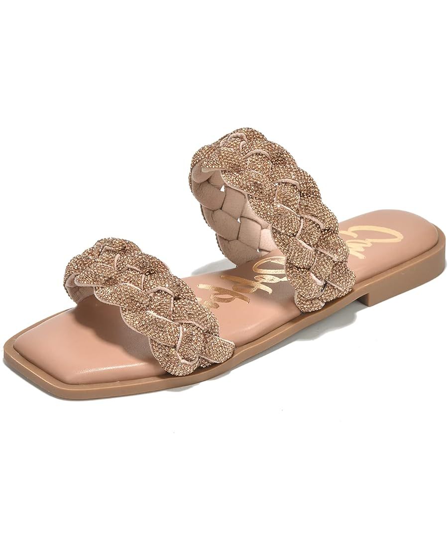 Cape Robbin Mana Slip-on Sandals for Women, Women's Flat Sandals with Rhinestone-emblished Braide... | Amazon (US)