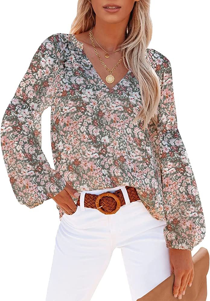 Utyful Womens Long Sleeve Blouse Boho Tops for Women Casual Floral Dressy Blouses V Neck Shirts | Amazon (US)