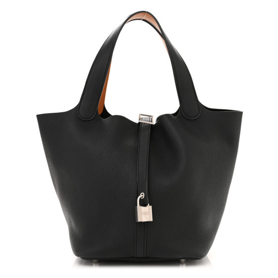 Taurillon Clemence Picotin Lock 22 MM Black Gold | FASHIONPHILE (US)