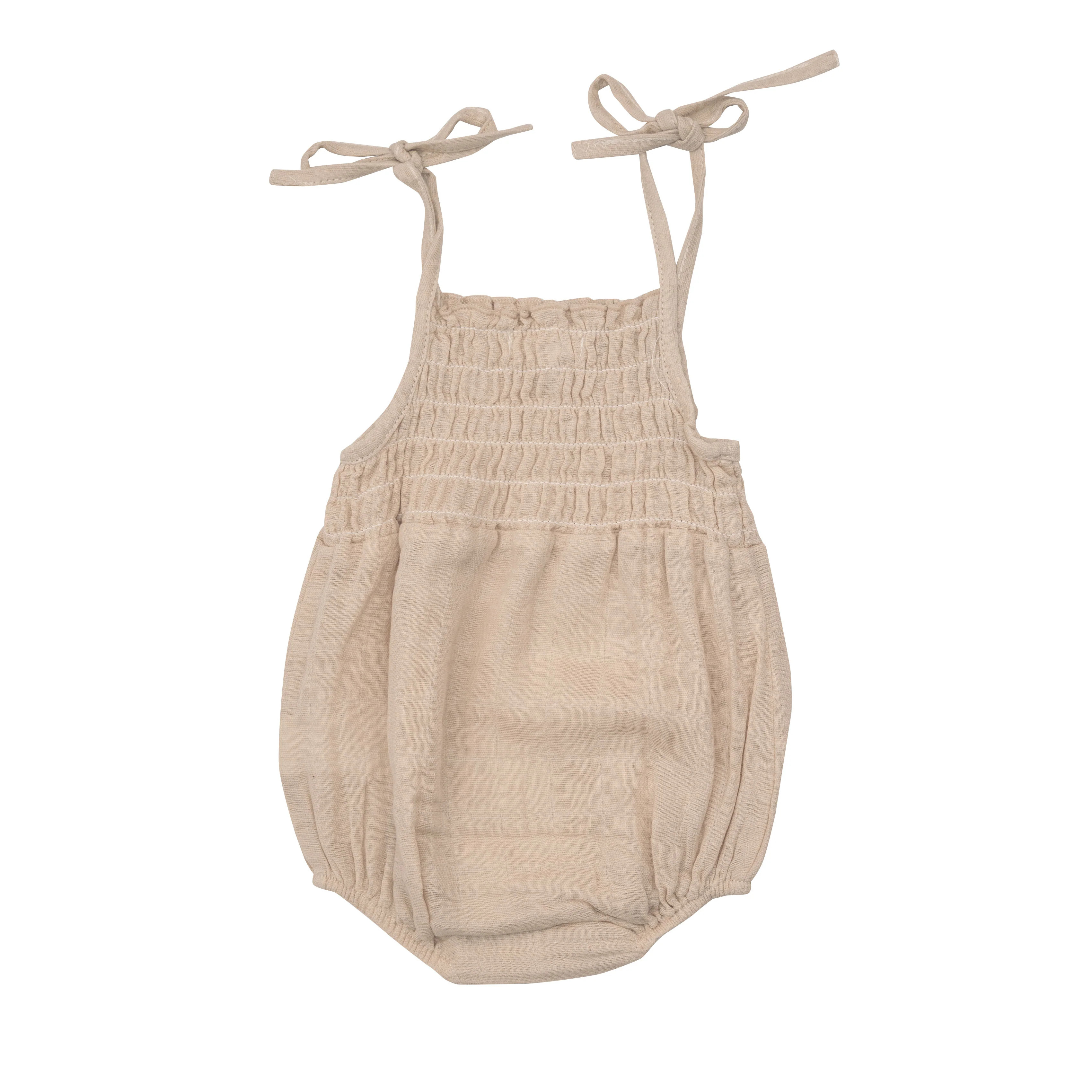 Tie Strap Smocked Bubble Sunsuit, Soft Linen | SpearmintLOVE