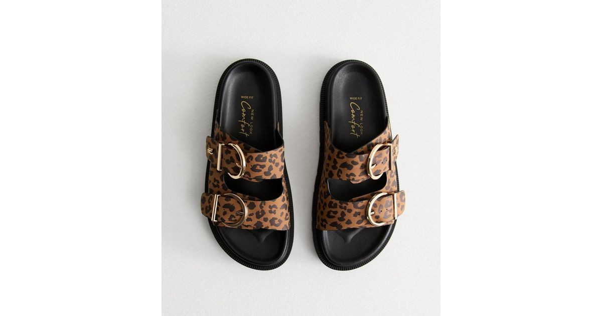 Wide Fit Stone Faux Leather Leopard Print Buckle Strap Sandals | New Look | New Look (UK)