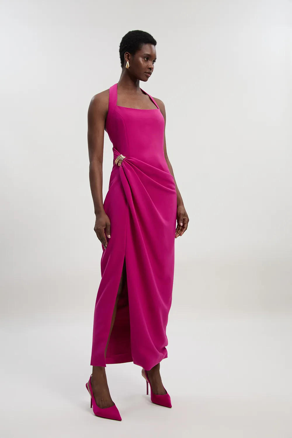 Fuchsia KarenMillen Petite Polished Tailored Halter Neck Gathered Midi Dress | Oasis | Oasis UK & IE