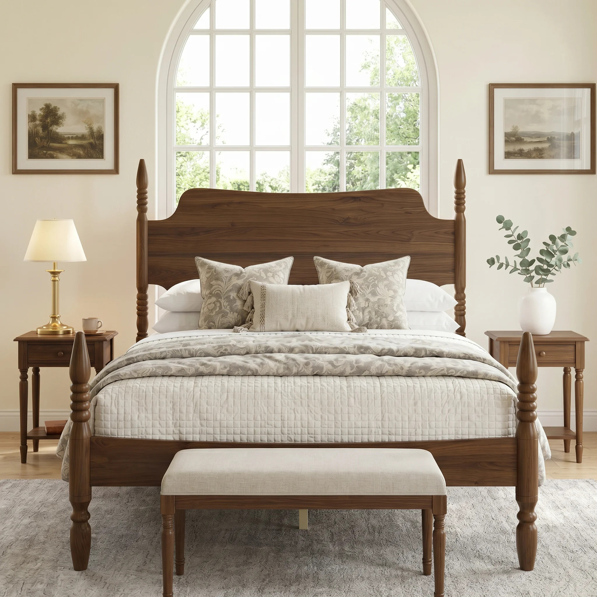Canora Grey Queen / King Wood Platform Bed Frame With Arched Headboard & Turned Posts, Vintage Style Spindle Bed, Walnut Finish, No Box Spring Required | Wayfair | Wayfair North America