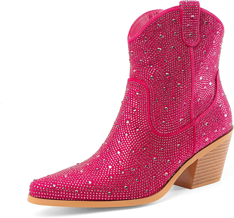 Women's Sparkly Glitter Rhinestone Cowboy Ankle Boots Western Pointed Toe Low Block Heel Cowgirl ... | Amazon (US)