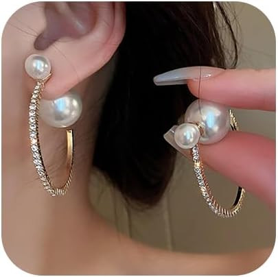 Pearl Hoop Earrings Open Large Circle Round Pearl Earrings Rhinestone Hoop Earrings Birthday Gift... | Amazon (US)
