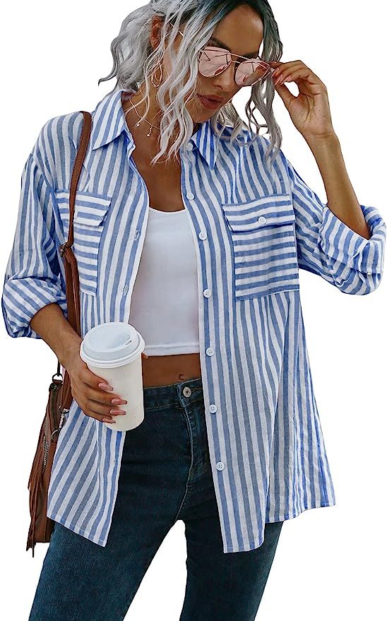 MakeMeChic Women's Casual Striped Button Down Long Sleeve Shirts Blouse Top | Amazon (US)
