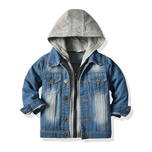 SOFEON Toddler Baby Boy Girls Denim Jacket Button Down Basic Ripped Hoodie Jeans Coat Kid Cowboy Outwear Casual Clothes (Hoodie-grey, 18-24 Months) | Amazon (US)
