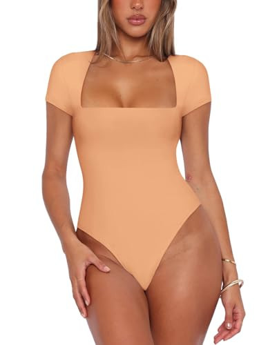 REORIA Women's Casual Sexy Square Neck Double Lined Cute Shirt Stretchy Short Sleeve Trendy Going Out Thong Bodysuit Tops Peach Fuzz Plus Size XX-Large | Amazon (US)