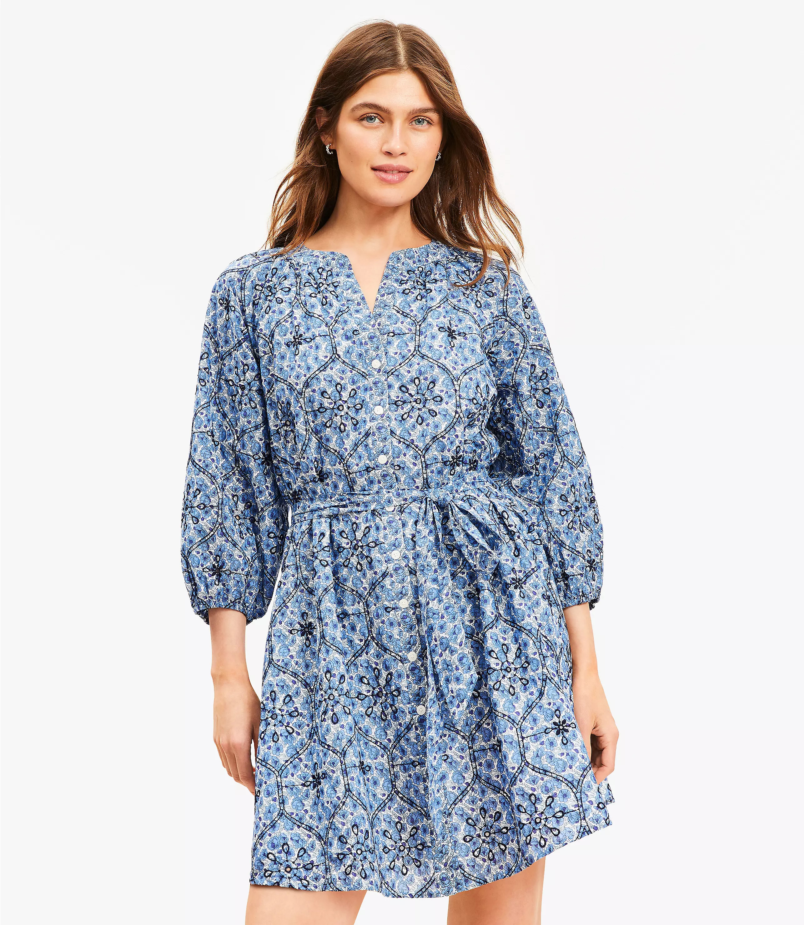 Floral Embroidered Split Neck Mini Shirtdress | LOFT
