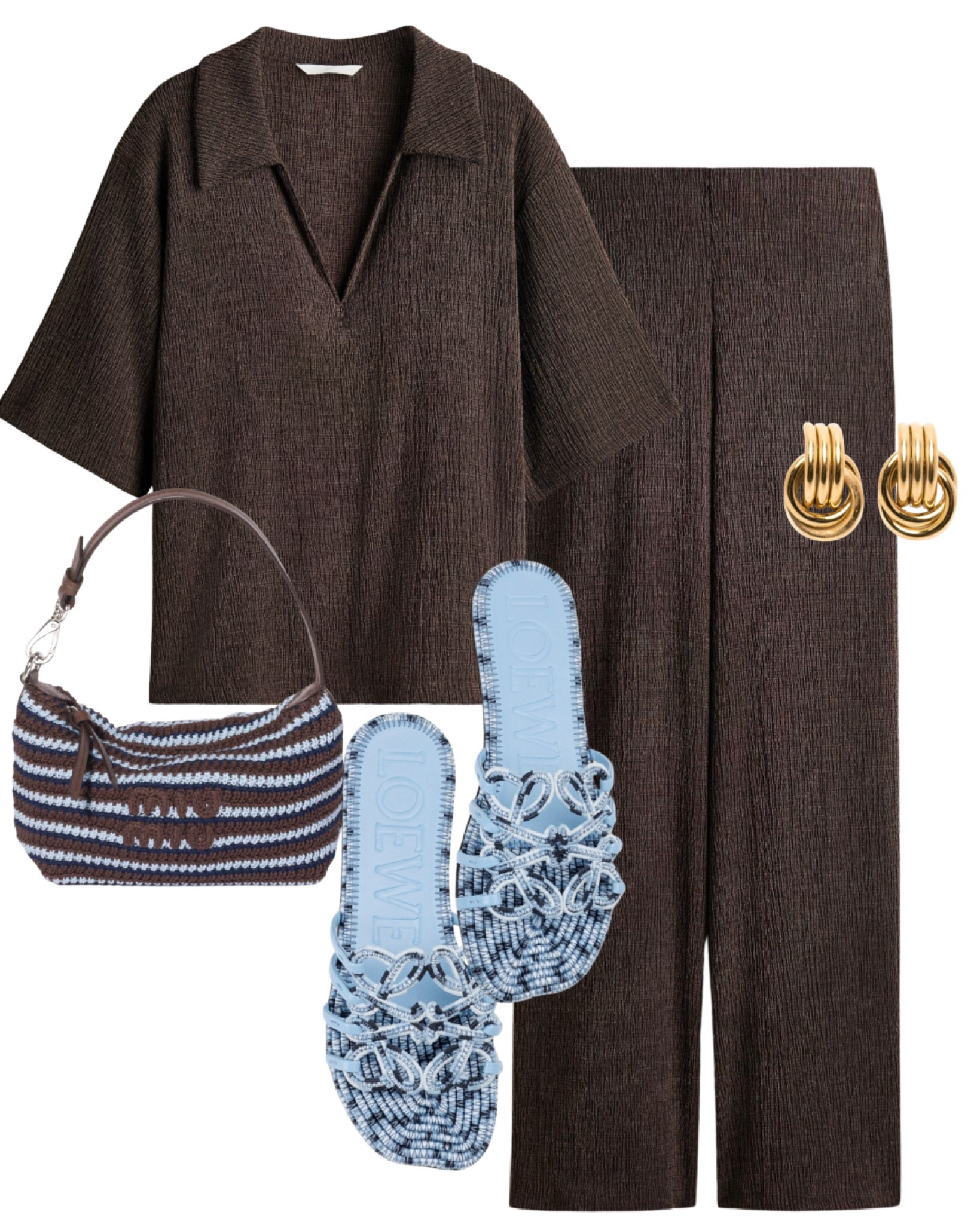 Polo top and matching trousers co ord set, blue Loewe slides, Miu Miu crochet pouch bag & gold earrings.
Spring summer coord set, H&M, high street

#LTKuk #LTKspring #LTKsummer