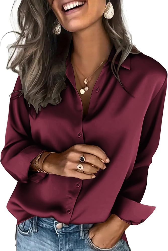 Zeagoo Satin Blouses for Women Silk Button Down Shirts Long Sleeve Business Casual Tops | Amazon (US)