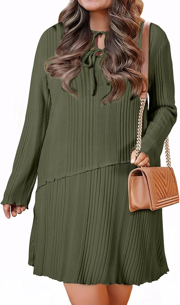 AlvaQ Plus Size Dresses for Women Fall Winter Casual Bow Tie Ruffle V Neck Ribbed Knit Mini Sweat... | Amazon (US)