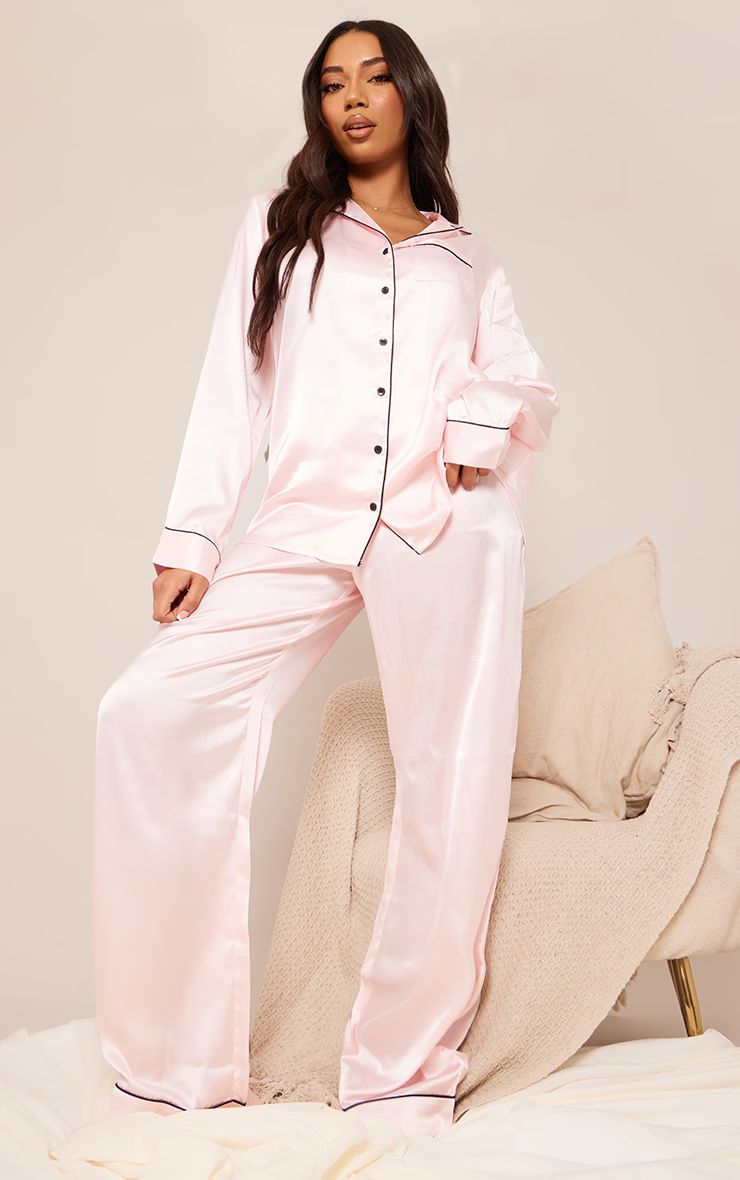 PRETTYLITTLETHING Tall Pink Contrast Piping Satin Long PJ Set | PrettyLittleThing US