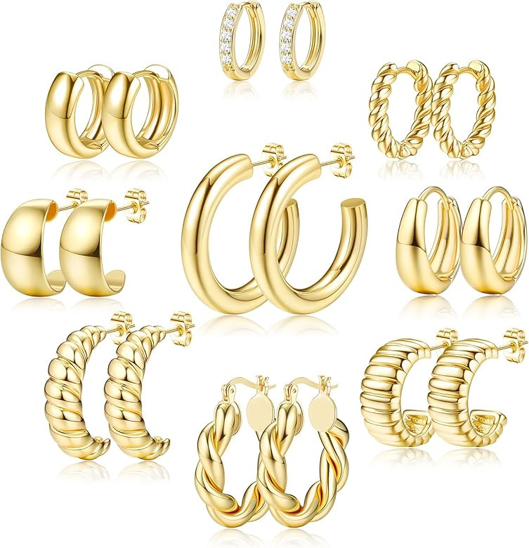 KRFY 9 Pairs Gold Hoop Earrings Set for Women Gold Twisted Huggie Hoops Earrings 14K Gold Plated for Girls Gift Lightweight | Amazon (US)