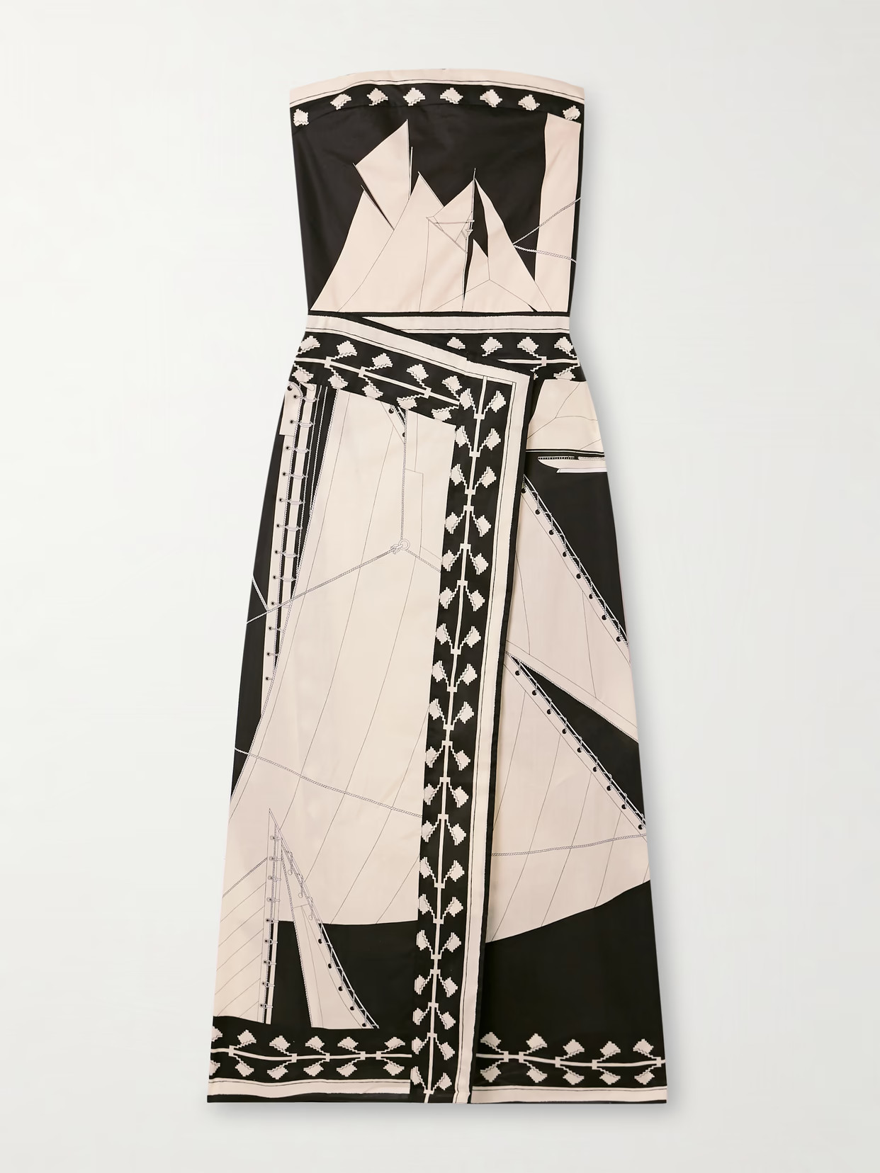 Johanna Ortiz - Sailboats Pontoon Afternoon Strapless Printed Organic Cotton Wrap-effect Midi Dress - Black | NET-A-PORTER (US)