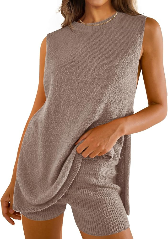 ZESICA Women's Summer Two Piece Sweater Lounge Sets 2024 Casual Knit Trendy Tunic and Shorts Outf... | Amazon (US)