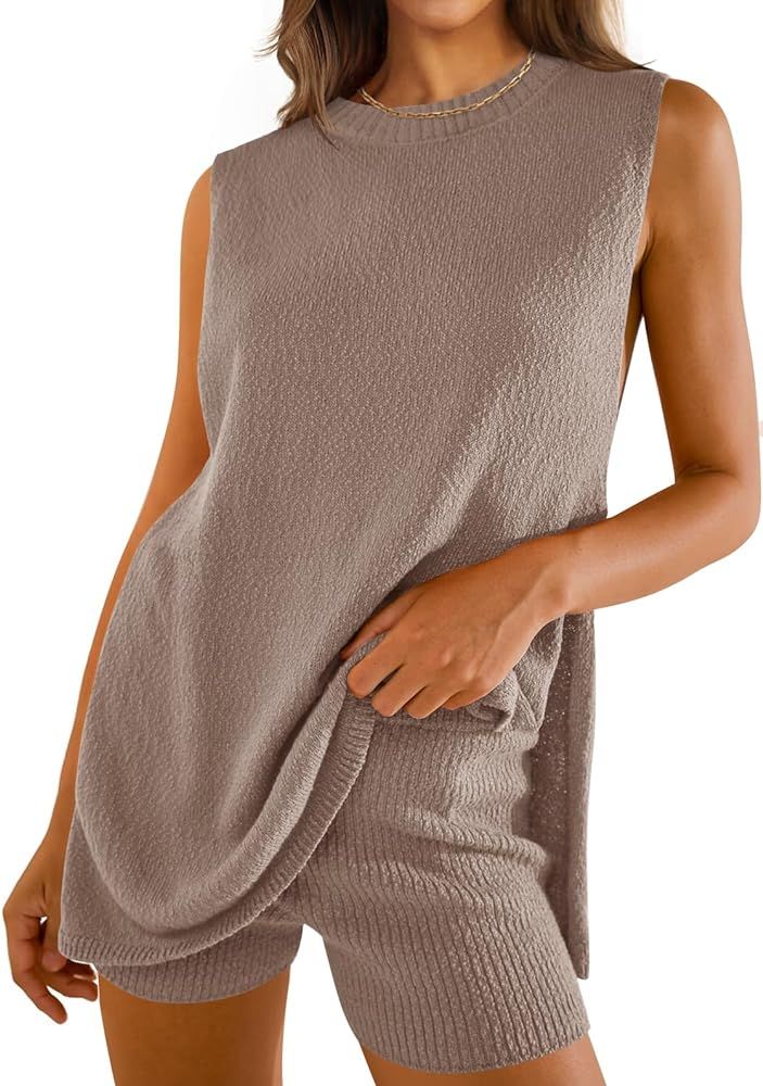 ZESICA Women's Summer Two Piece Sweater Lounge Sets 2024 Casual Knit Trendy Tunic and Shorts Outf... | Amazon (US)