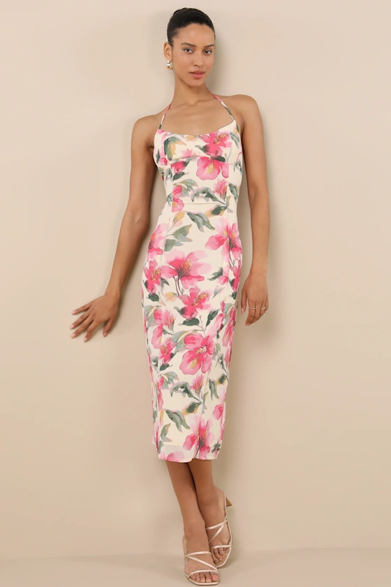Harleigh Light Yellow Floral Column Halter Midi Dress | Lulus