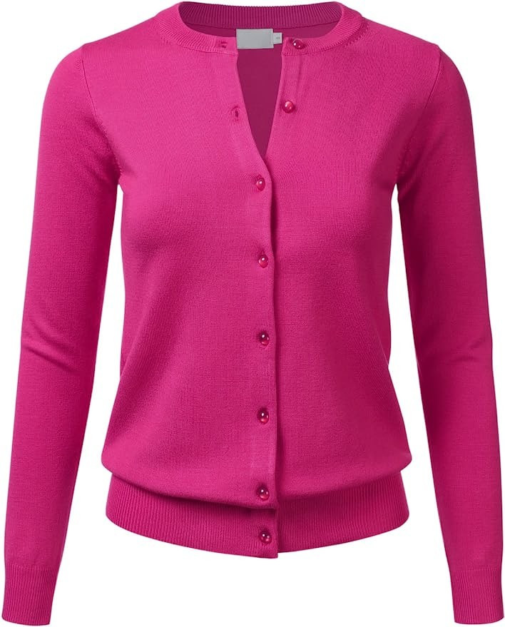 Women's Round Neck Lightweight Knit Ribbed Hem Cardigan with Translucent Gem Buttons HOTPINK M at... | Amazon (US)