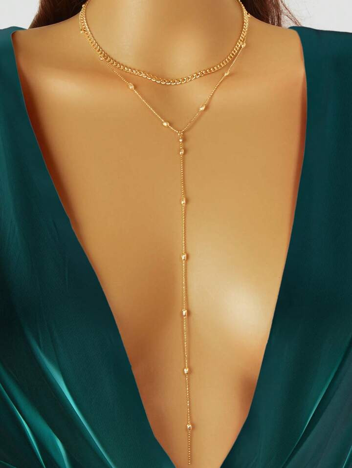 1pc Trendy Double layer Gold Popcorn Chain Y Style Long Pendant Necklace Women Daily Beach Body J... | SHEIN