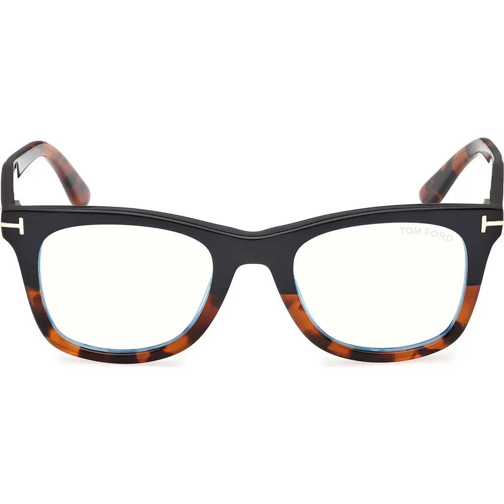 TOM FORD 50mm Square Blue Light Blocking Optical Glasses in Black /Havana /T Logo at Nordstrom | Nordstrom