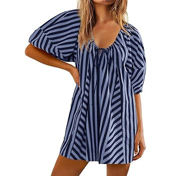 Romper Dress for Women Summer Casual Puff Sleeve Striped Mini Shorts Romper Dress Beach Outfits w... | Amazon (US)