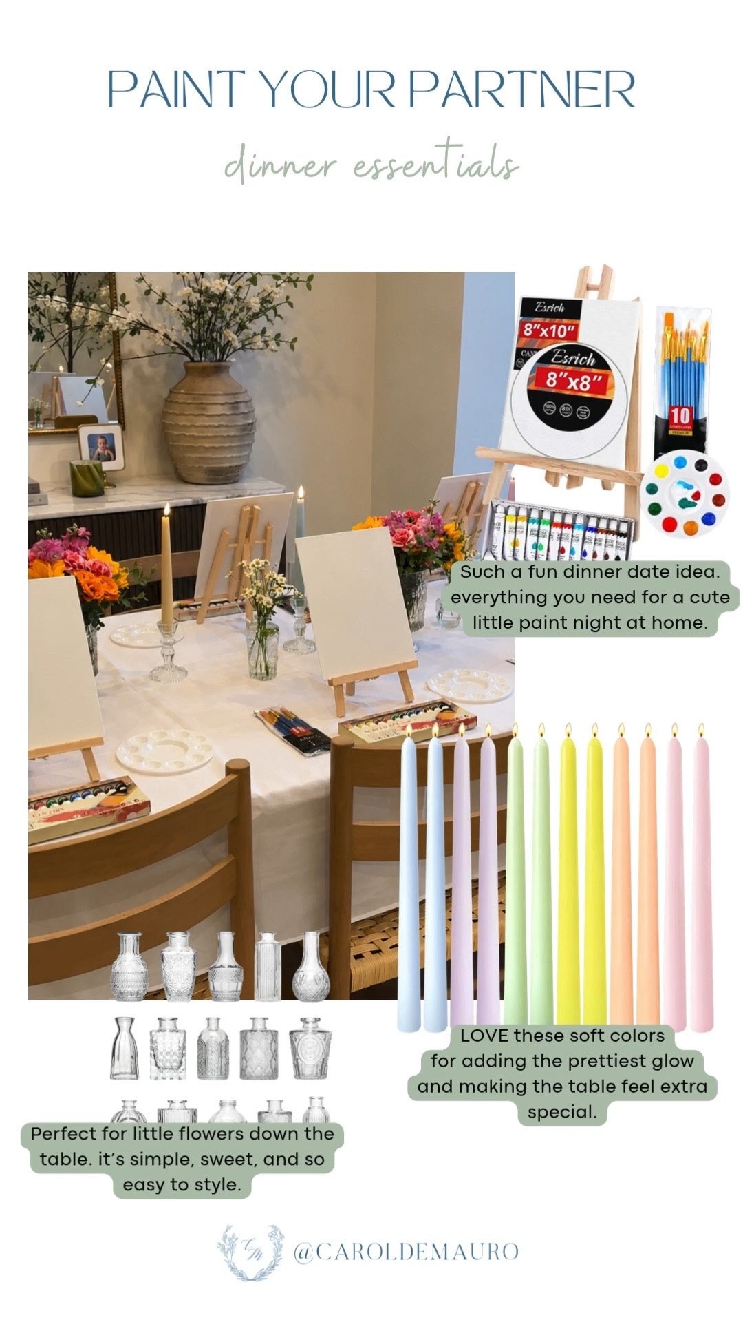 Such a fun and romantic date night idea! A cute little paint night at home with canvases, colorful taper candles, and tiny bud vases down the table.

home date night, taper candles, bud vases, romantic tablescape, at home date, paint your partner

#LTKHome