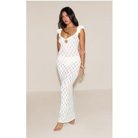 Cream Crochet Knit Frill Sleeve Maxi Dress | PrettyLittleThing US