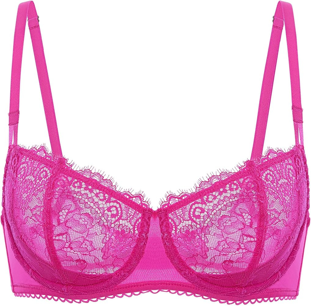 DOBREVA Women's Sexy Lace Push Up Plus Size Bra Sheer Balconette Underwire Unlined | Amazon (US)