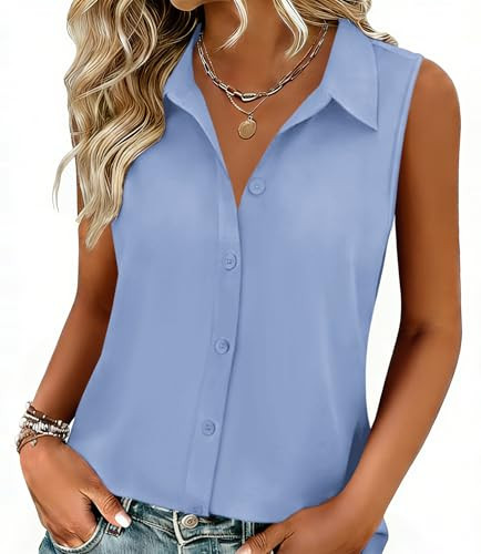 Zeagoo Womens Casual Sleeveless Loose Button Down Shirts Blouses V Neck Summer Tank Tops Light Blue | Amazon (US)