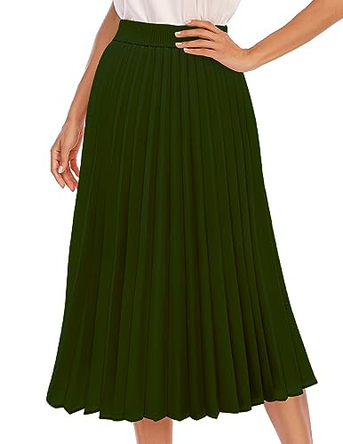DRESSTELLS Pleated Midi Skirts for Women High Waisted Aline Long Chiffon Cocktail Party Prom Skirts Winter Holiday Casual Shirring Swing Skirt with Lining 2024 ArmyGreen S | Amazon (US)