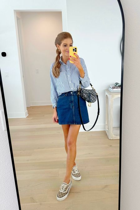 Todays madewell button down, dark denim mini and gucci sneakers for on the go!
Xxs in the button down
Normal denim size in the skirt
Sized up half in sneaks 

#LTKShoeCrush #LTKFindsUnder100 #LTKxMadewell