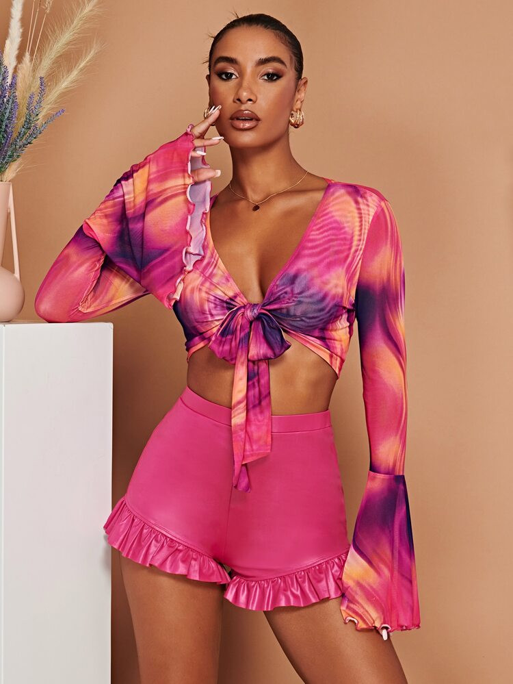 SHEIN BAE Tie Dye Lettuce Trim Crop Top | SHEIN