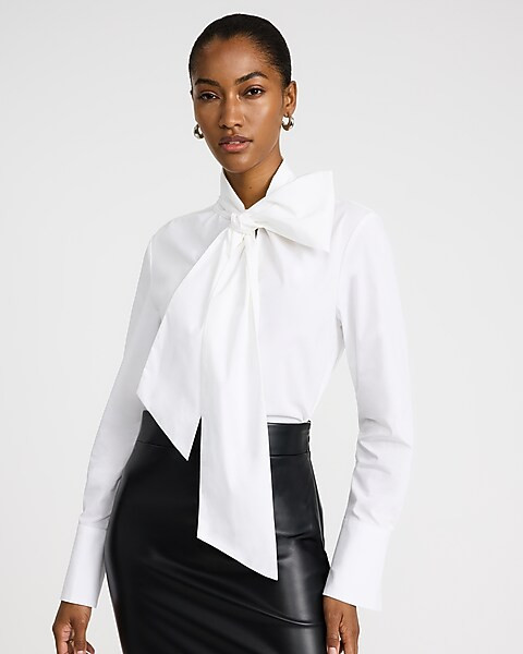 Stretch Cotton Poplin Oversized Tie Neck Shirt | Express