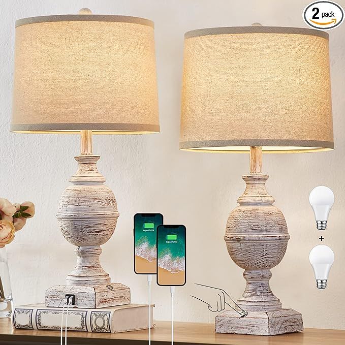 Farmhouse Table Lamp for Living Room, Rustic Touch Nightstand Lamps Set of 2 with USB Charging Po... | Amazon (US)