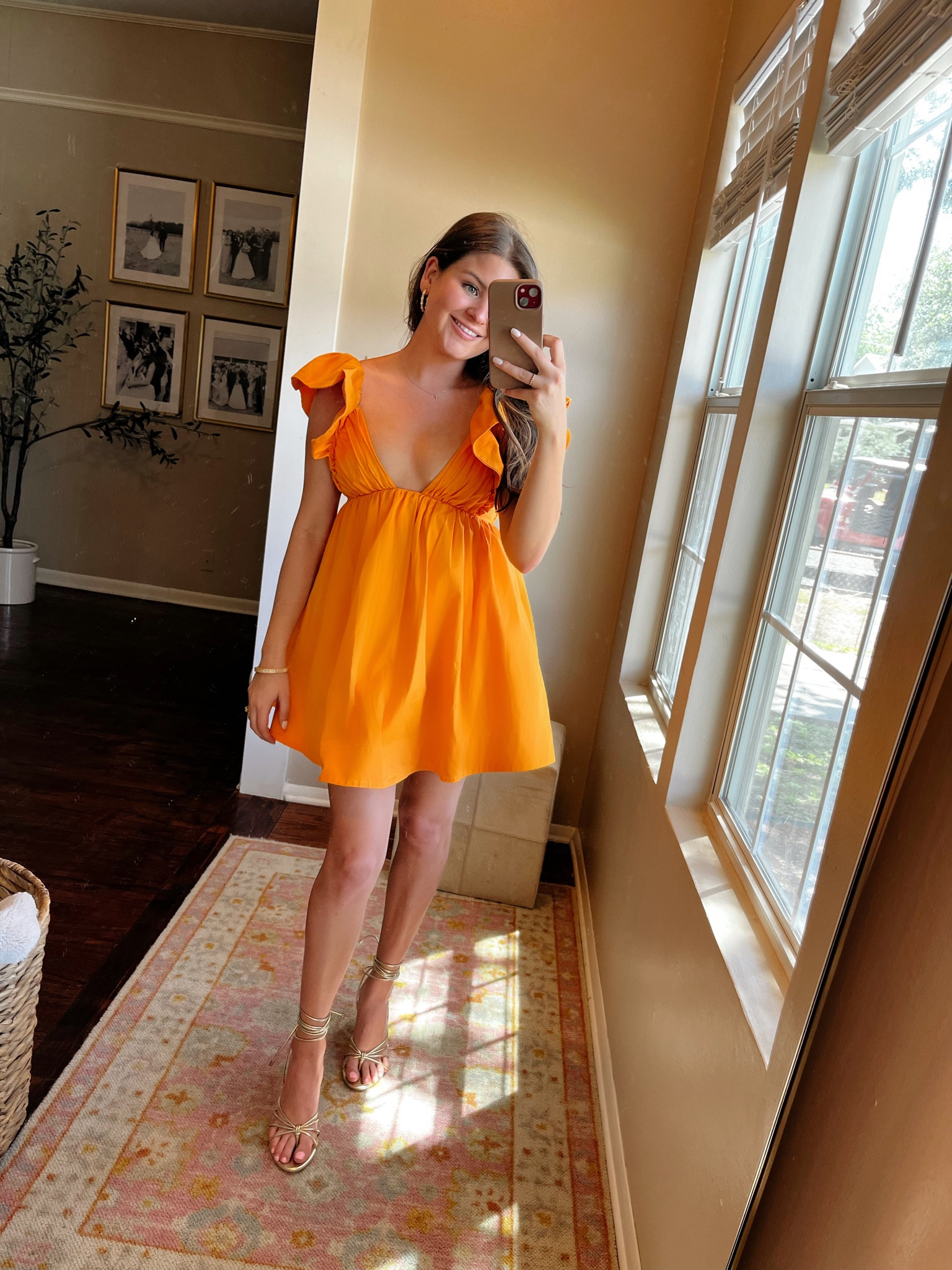 I wore this for a bridal brunch but would be so cute for a vacation! The orange is sold out mostly everywhere but I am tagging pink too! Gold shoes are amazon! 

#SpringDress #SummerDress #Brunch #BridalBrunch #RuffleSleeve #PlungeNeckline #ForLoveAndLemons #GoldHeels #Metallic #GoldHoops #MiniDress #Orange 

#LTKfit #LTKstyletip