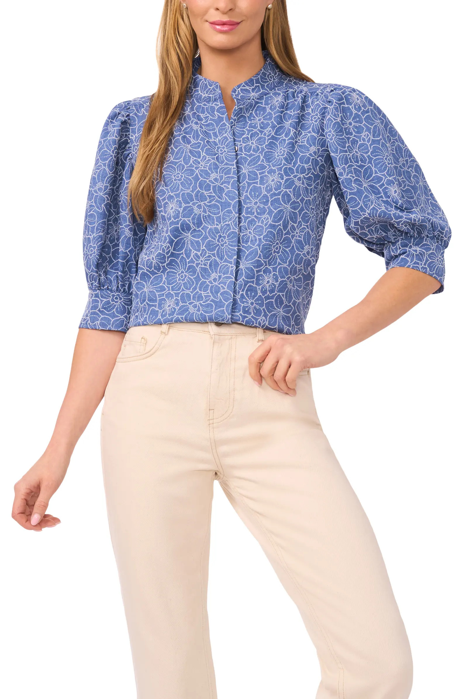 CeCe Daisy Puff Sleeve Chambray Button-Up Shirt | Nordstrom | Nordstrom