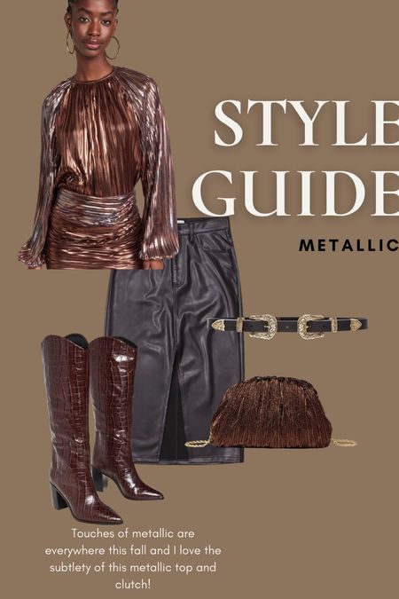 Fall Trend: Metallic

metallic blouse, faux leather midi skirt, Schutz croc boots, western black belt, and metallic purse. 

#LTKstyletip #LTKHoliday #LTKSeasonal