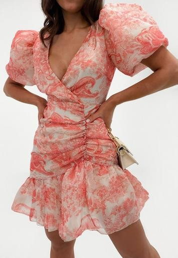Red Porcelain Print Puff Sleeve Mini Dress | Missguided (US & CA)
