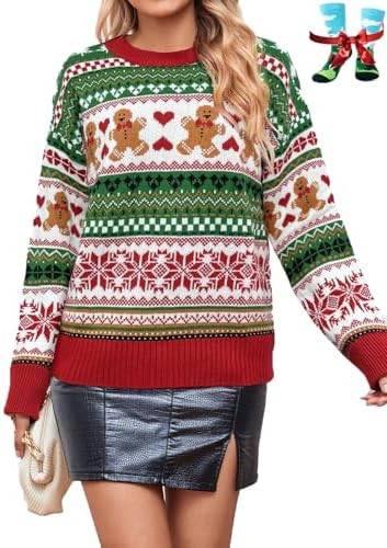 Cute Christmas Sweater for Women Long Sleeve Crewneck Ugly Christmas Sweater Loose Pullover Knitw... | Amazon (US)