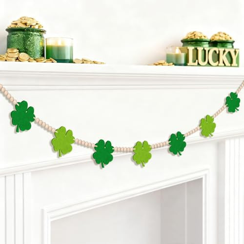 Shaxcoq St. Patrick’s Day Garland for Mantle, 9.8FT Pre-Strung Shamrock Banner for St Patricks Day Decorations, Four Leaf Clover Garland with Thick Felt Shamrocks, Wood Beads | Amazon (US)
