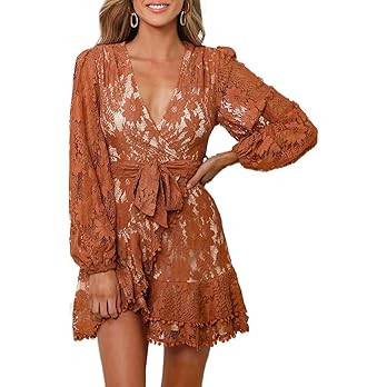 FARYSAYS Womens Lace Wrap Mini Dresses Floral V Neck Ruffle Short Dress with Belt | Amazon (US)