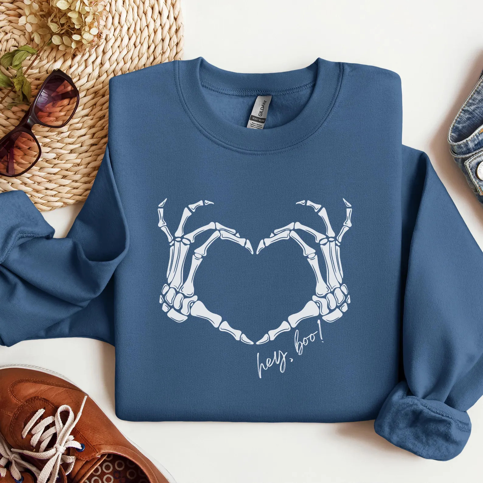 Hey Boo Skeleton Hands Unisex Heavy Blend™ Halloween Crewneck Sweatshirt - Etsy | Etsy (US)