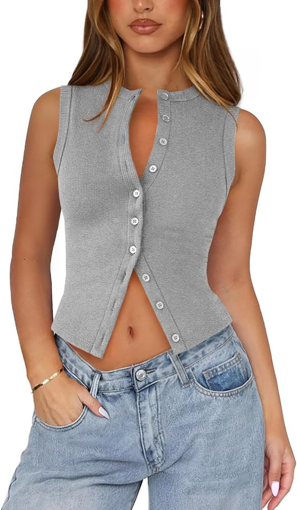 Womens Button Down Tank Top Sleeveless Ribbed Fitted Vest Casual Crewneck Trendy Y2K Going Out Cr... | Amazon (US)